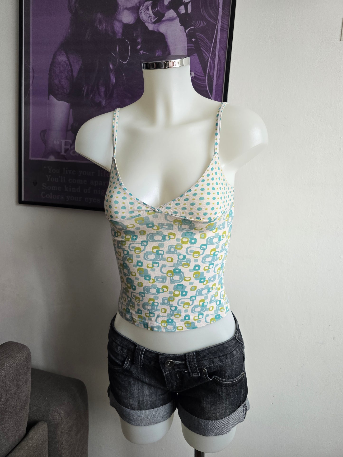 2000s vintage teal abstract pattern babydoll short cami top