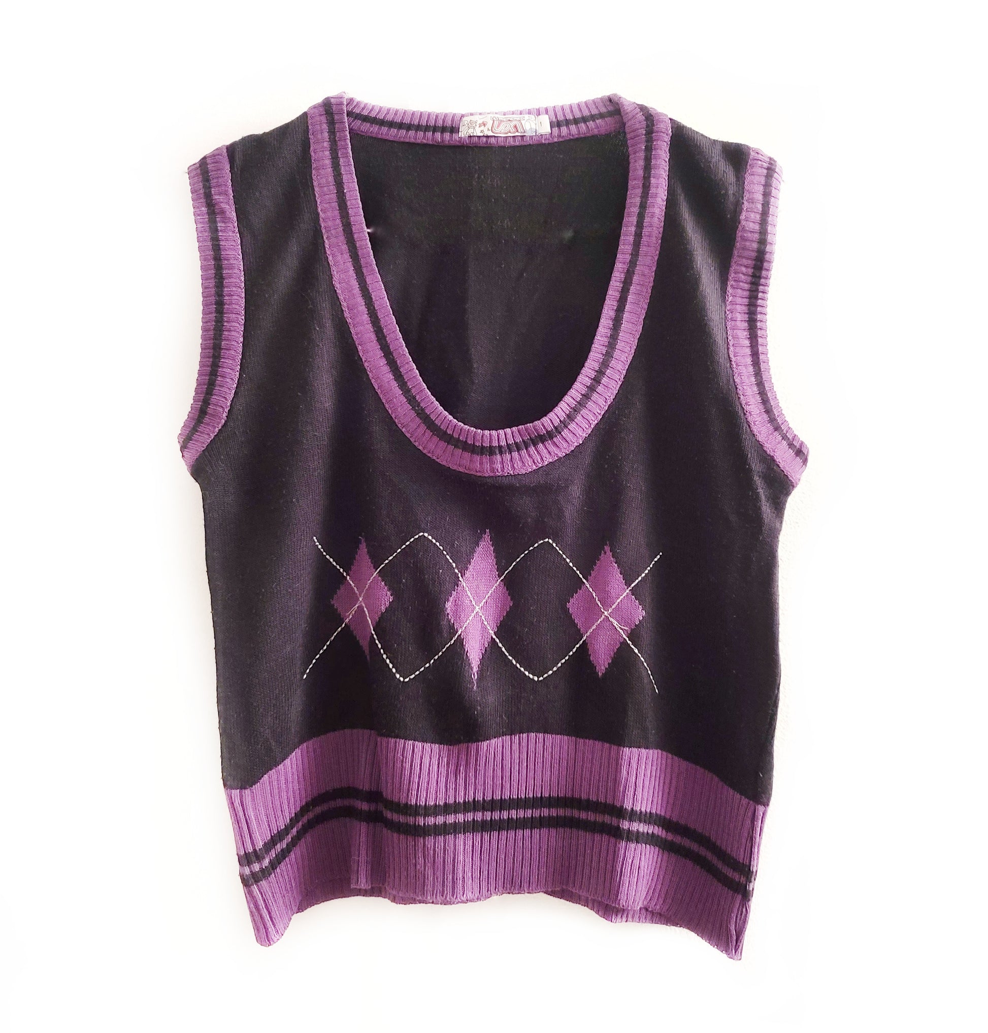 Top vintage 2000s y2k losanges jacquard gilet sans manches violet university school indie grandpa style