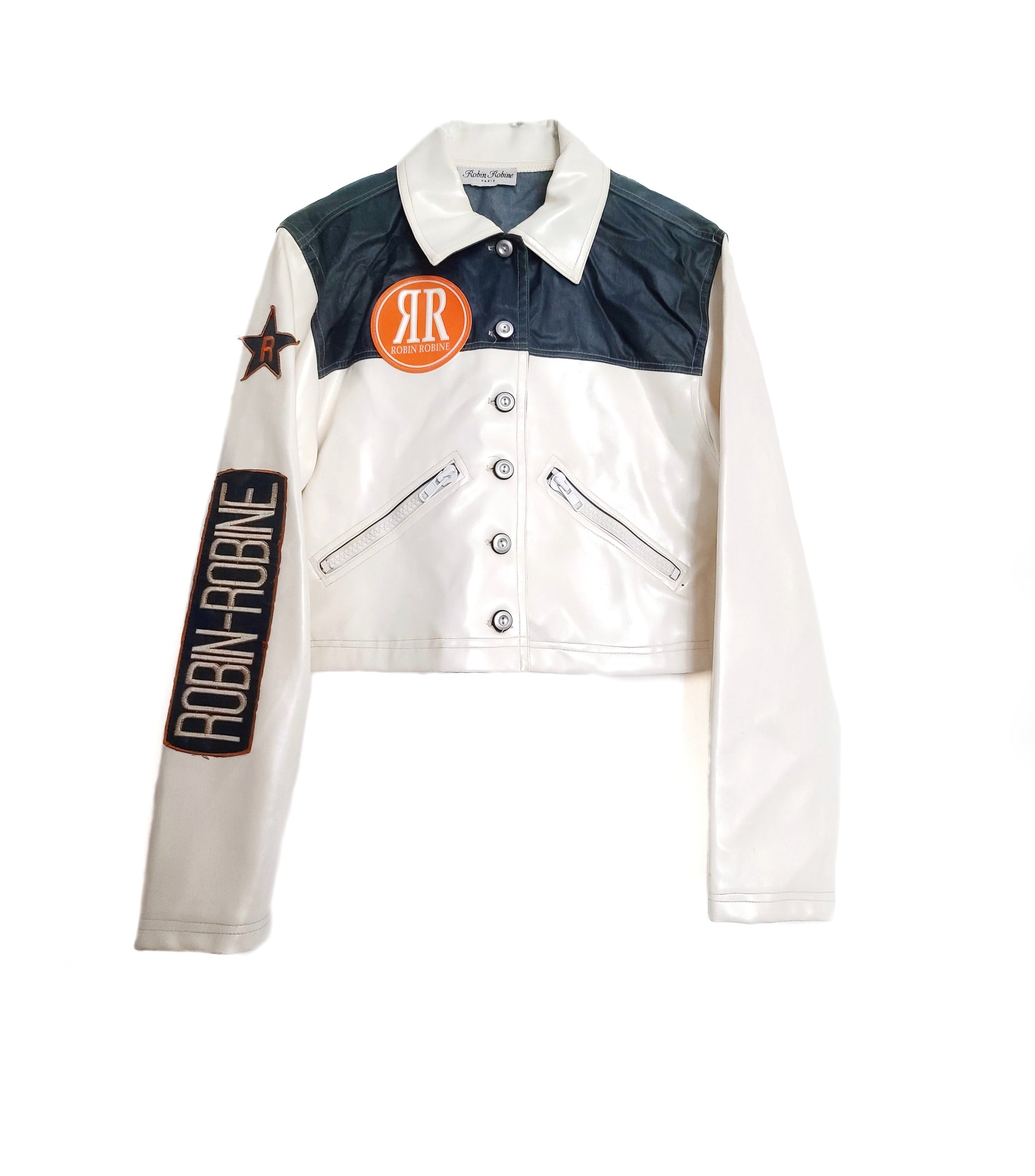 Veste blanche biker vintage similicuir motard crop Robin robine fabriquée en france a paris