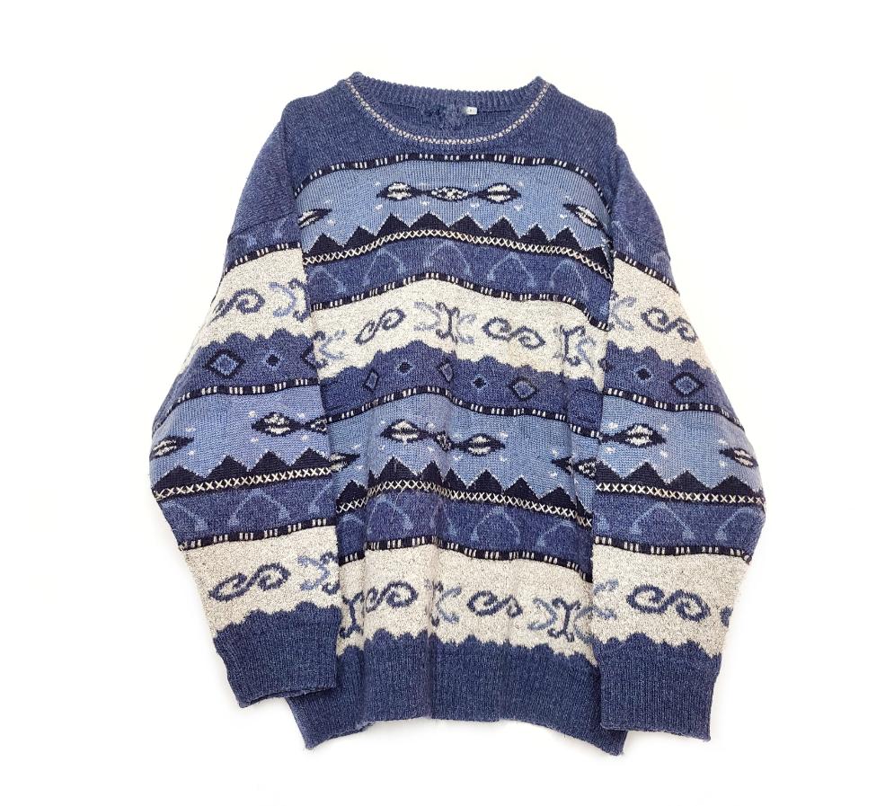 Pull a motifs hiver vintage 90s oversize bleu cute