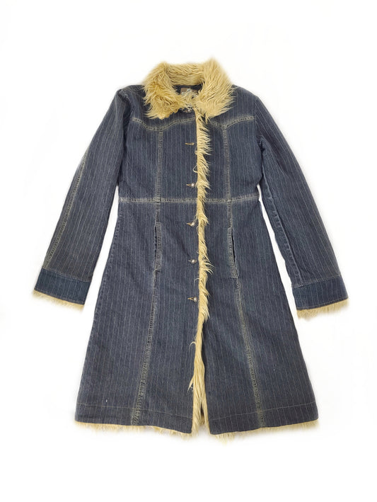 Manteau vintage en jean afghan 2000s y2k fausse fourrure bratz glam