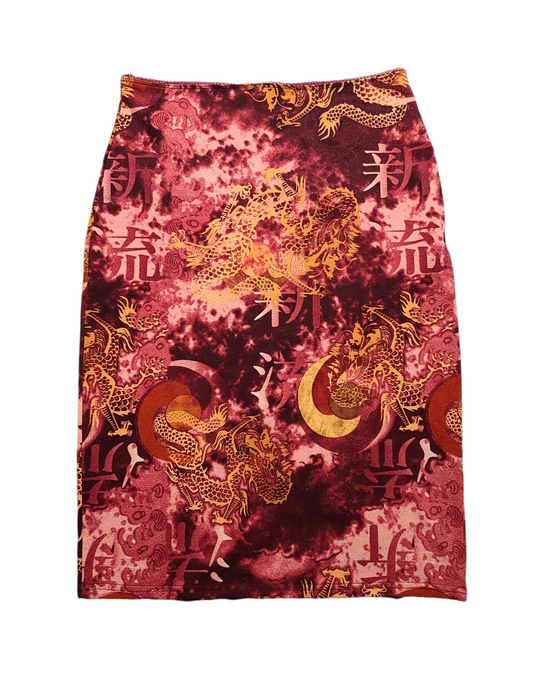 Jupe midi mesh vintage dragon motif asiatique 90s printed imprime