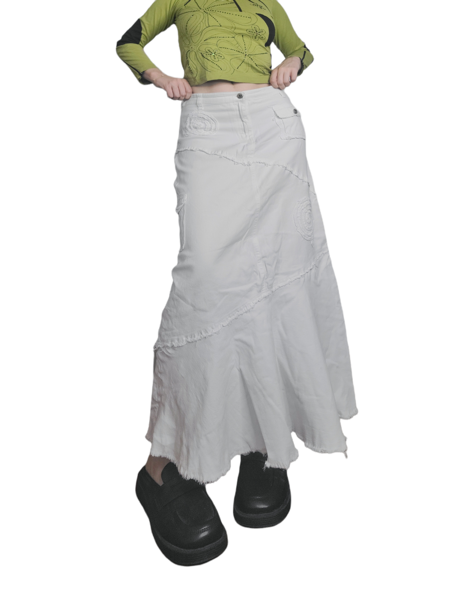 Long bohemian destroyed denim skirt