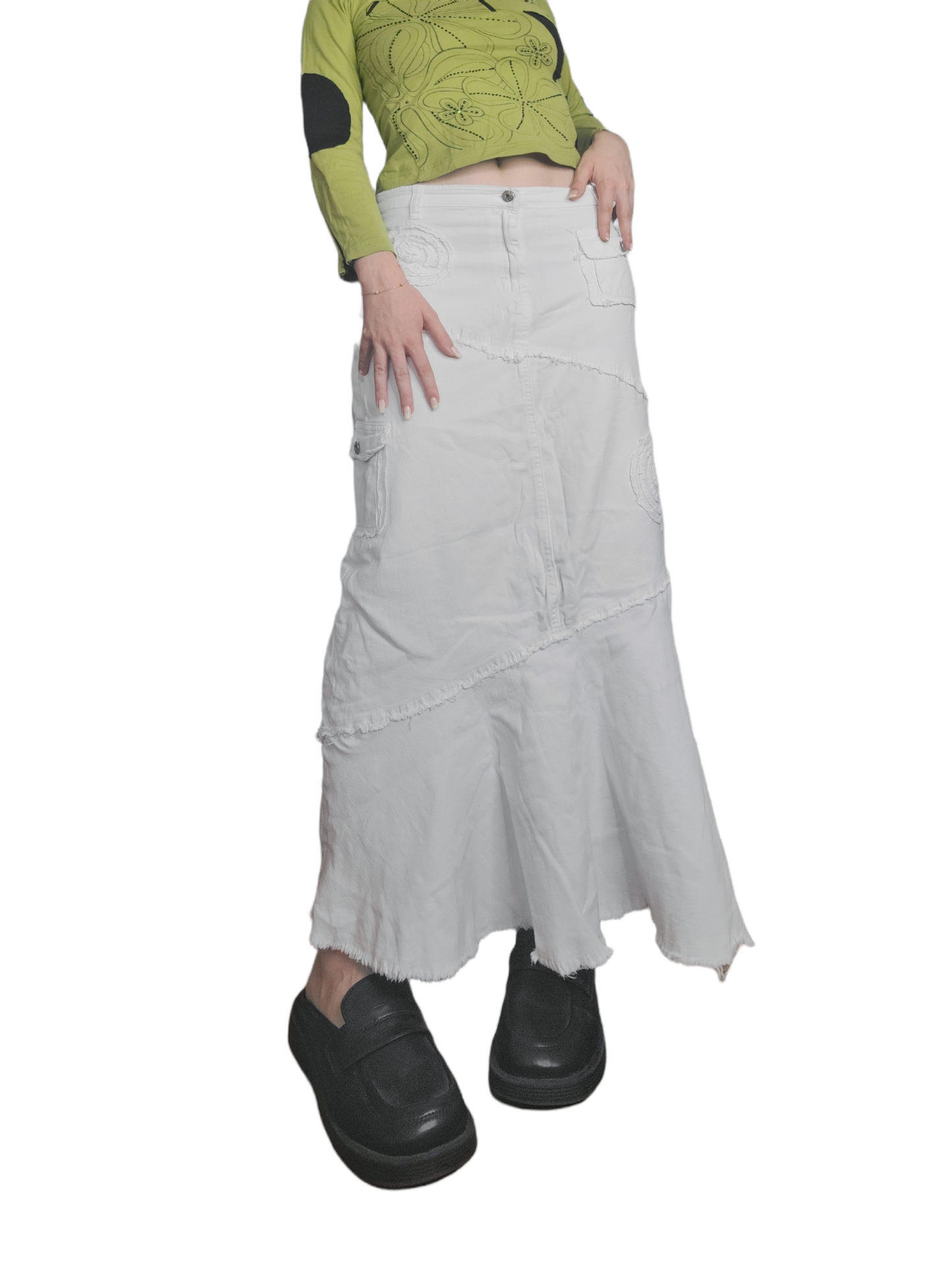 Long bohemian destroyed denim skirt