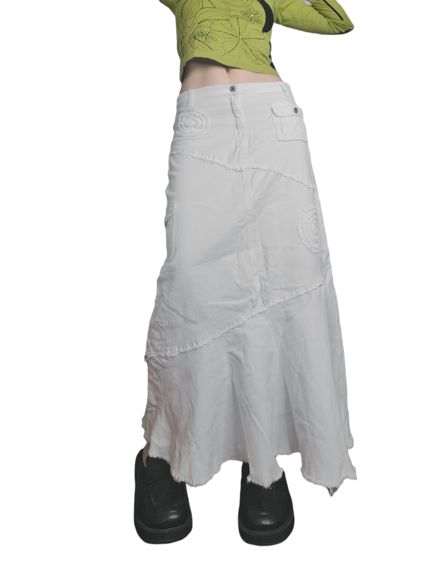 Long bohemian destroyed denim skirt