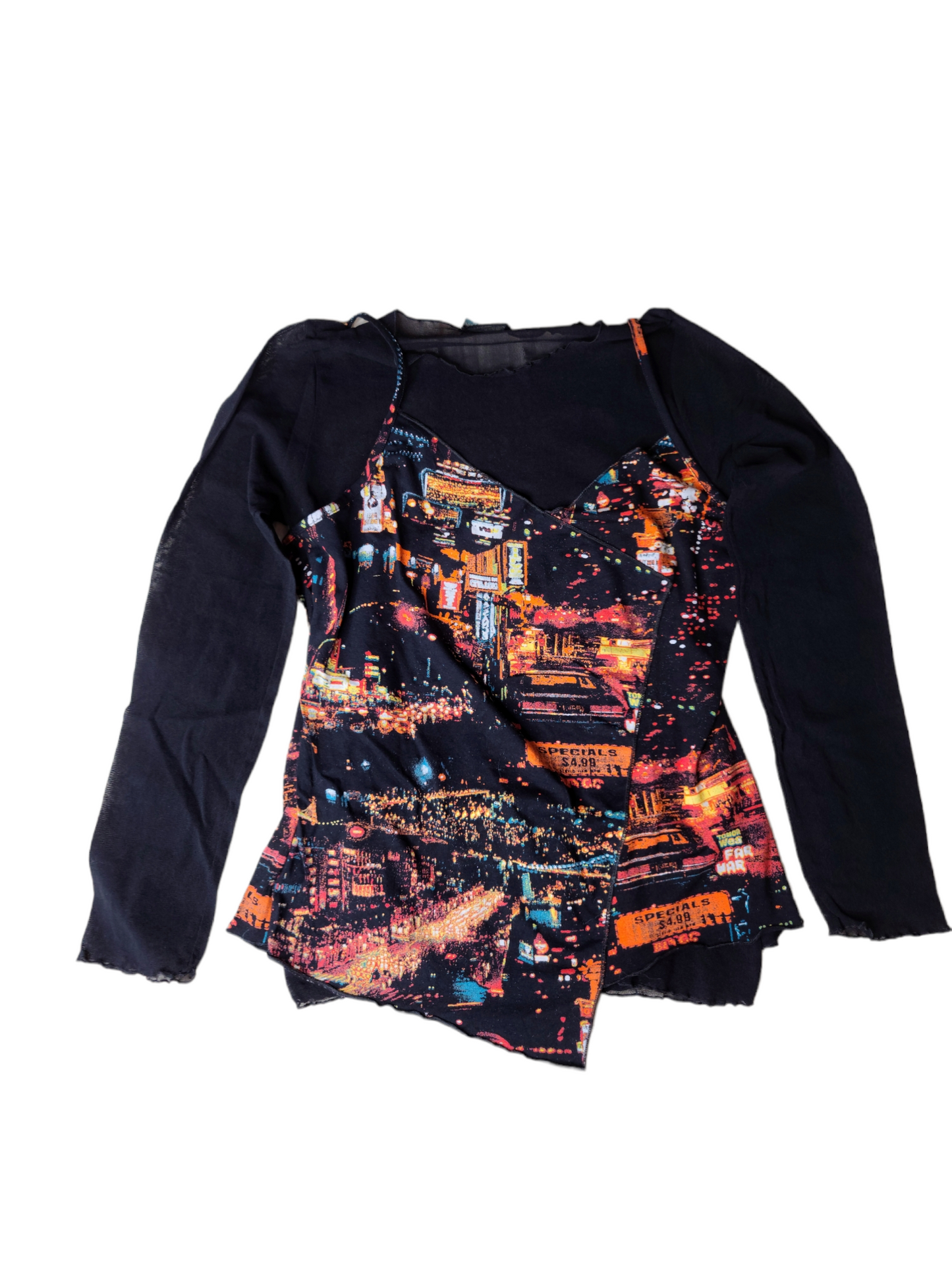 Mesh top printed city cybery2k dystopian postapo weird vintage 2000 harajuku ville
