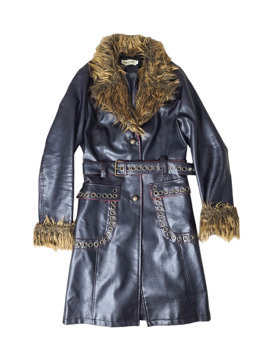 Long manteau afghan vintage cyberpunk cybery2k punk similicuir noir anneau fausse fourrure punk harajuku 