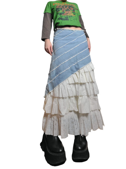 Maxi skirt fairygrunge fairy grunge coquette vintage harajuku y2k cottagecore jean asymetrique volants cute kawaii archive fashion rare