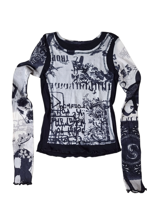 Mesh top rave futuristic style cybery2k archive dystopian printed emo punk