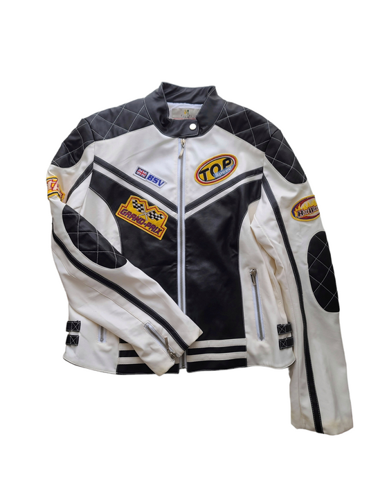 Veste biker similicuir vintage motard ecussons oversize