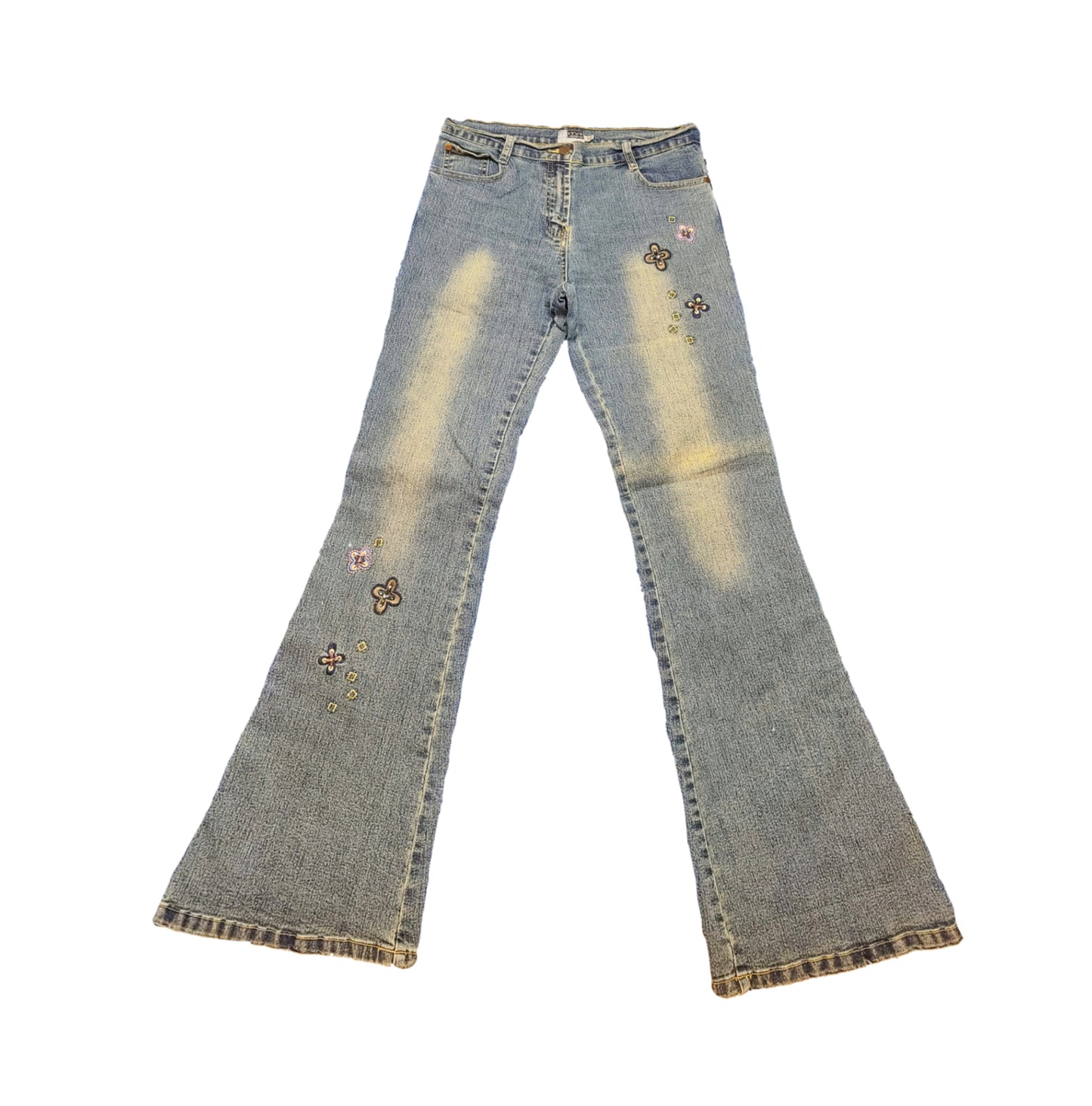 Jean y2k vintage 2000s delave pattes deph taille basse low rise bratz broderie fleurs