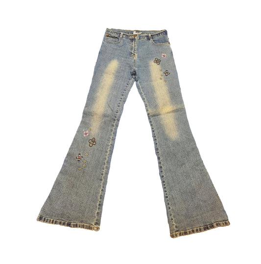 Jean y2k vintage 2000s delave pattes deph taille basse low rise bratz broderie fleurs