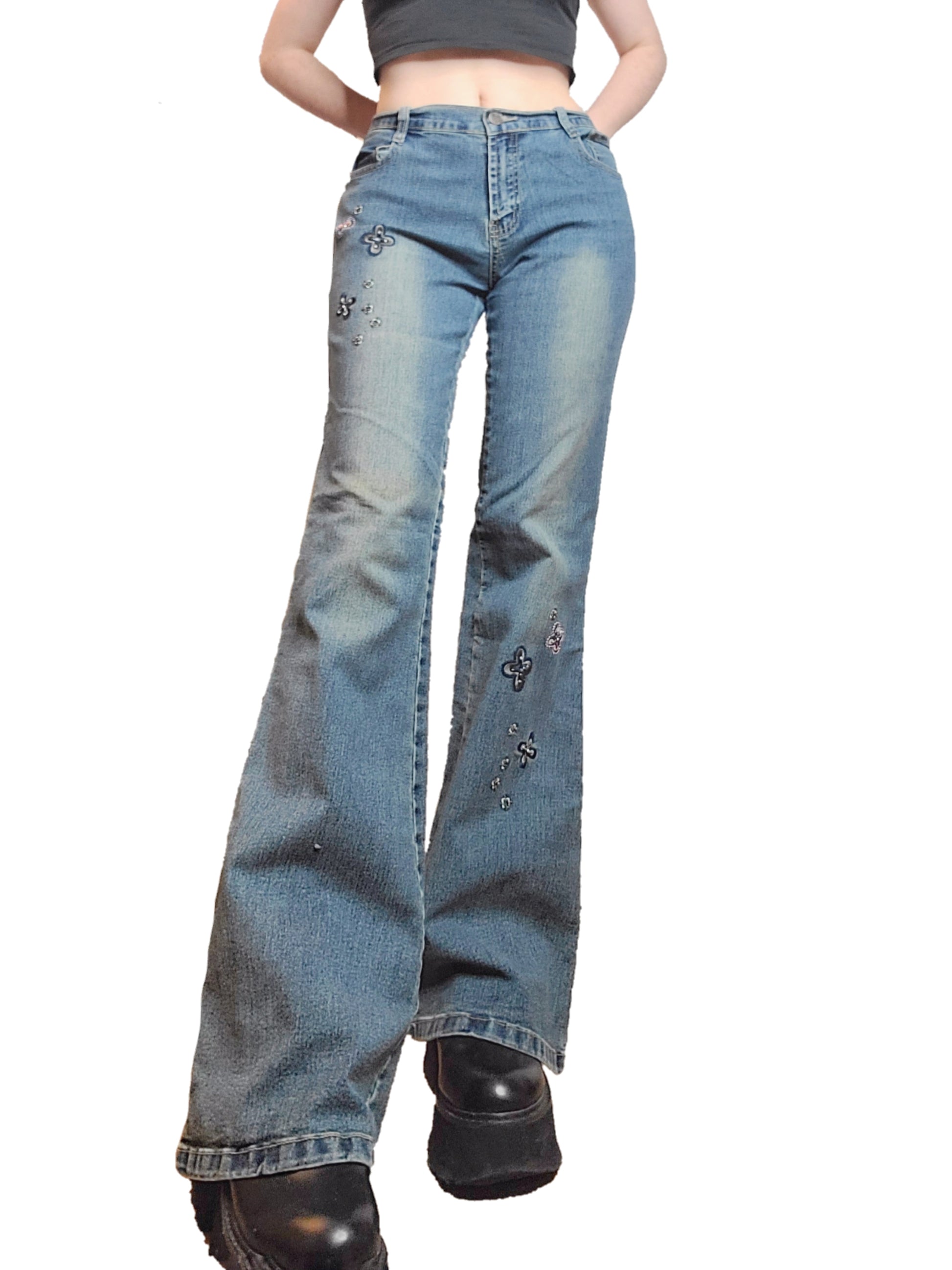 Jean y2k pattes d'eph brodé fleurs - zimfriperie