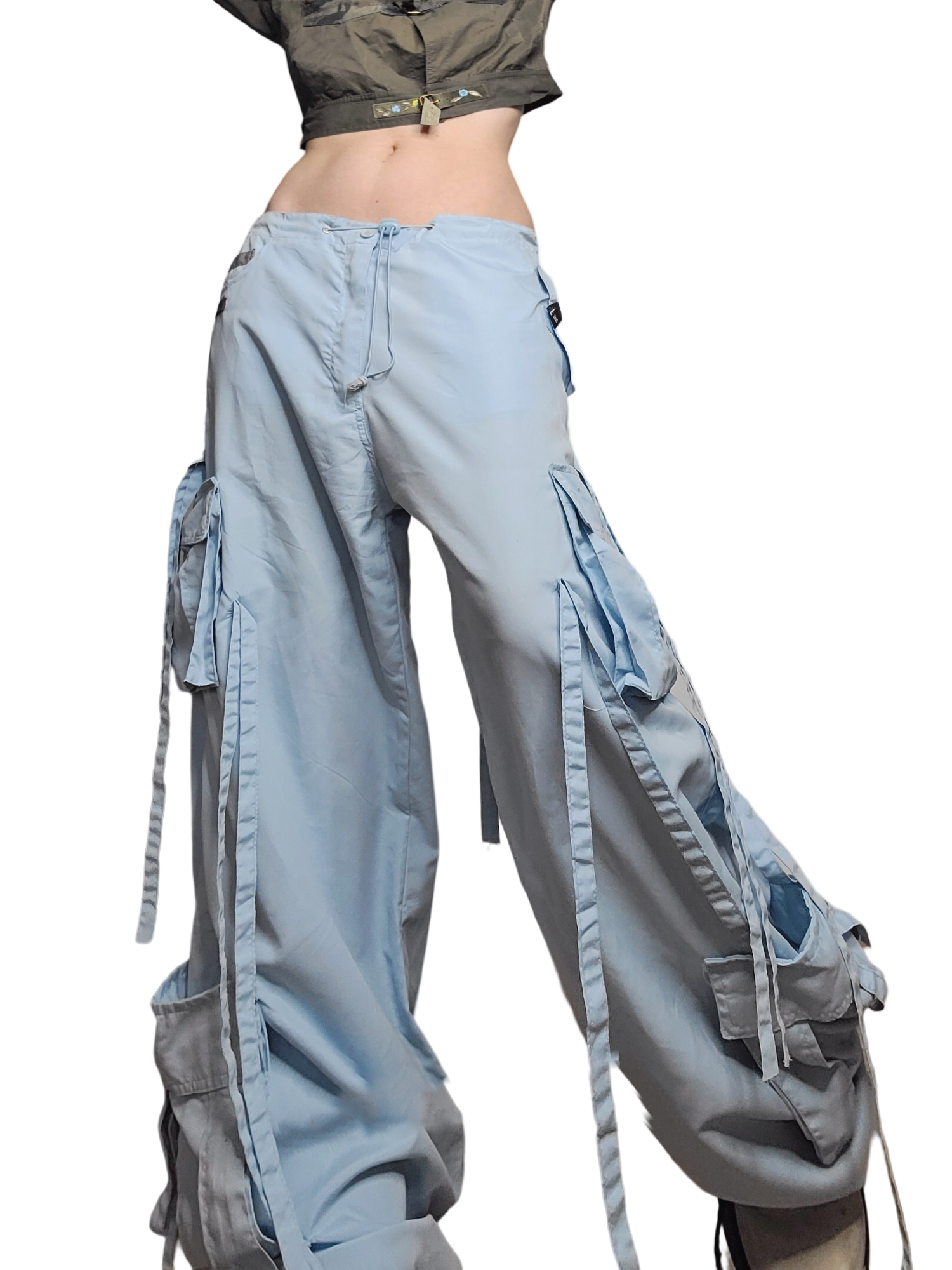 Parachute pants cargo baggy oversize 90s bleu sangles scratch ficelle techwear sportwear gorpcore hiphop