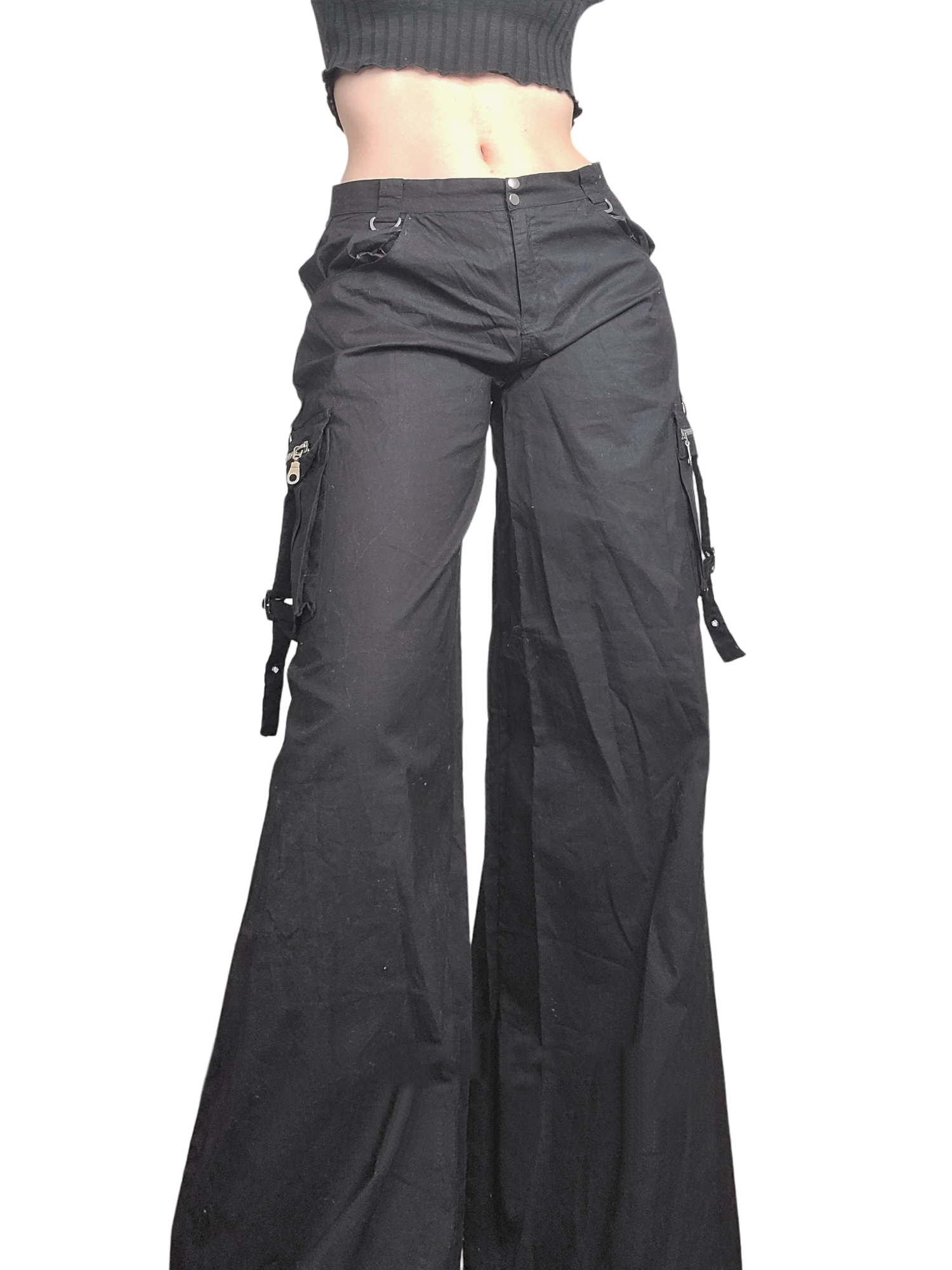 Pantalon taille haute 90s cargo vintage zip sangles multipoches taille haute evasé large baggy hiphop harajuku emo gothic
