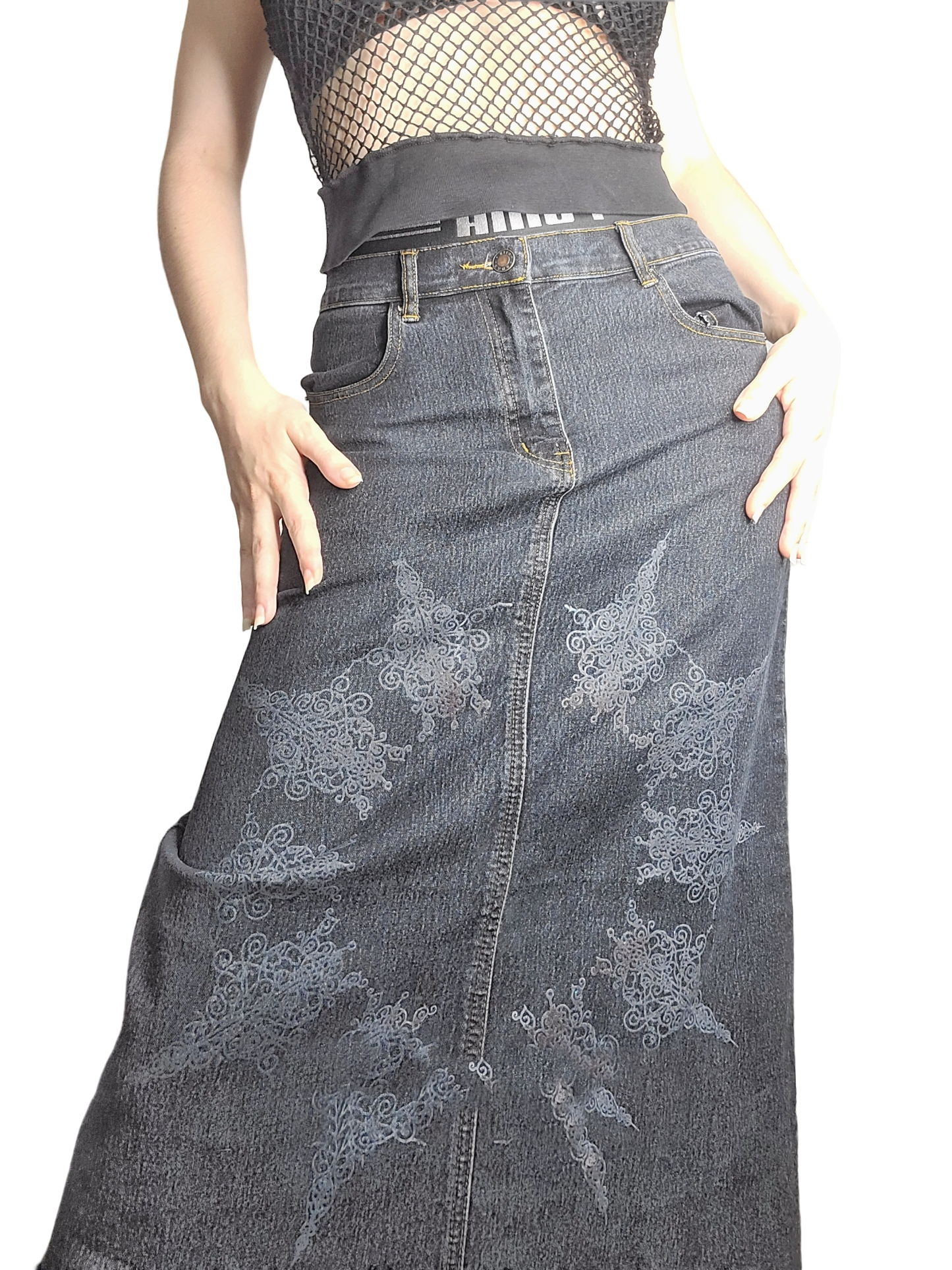 90s bohemian long denim skirt
