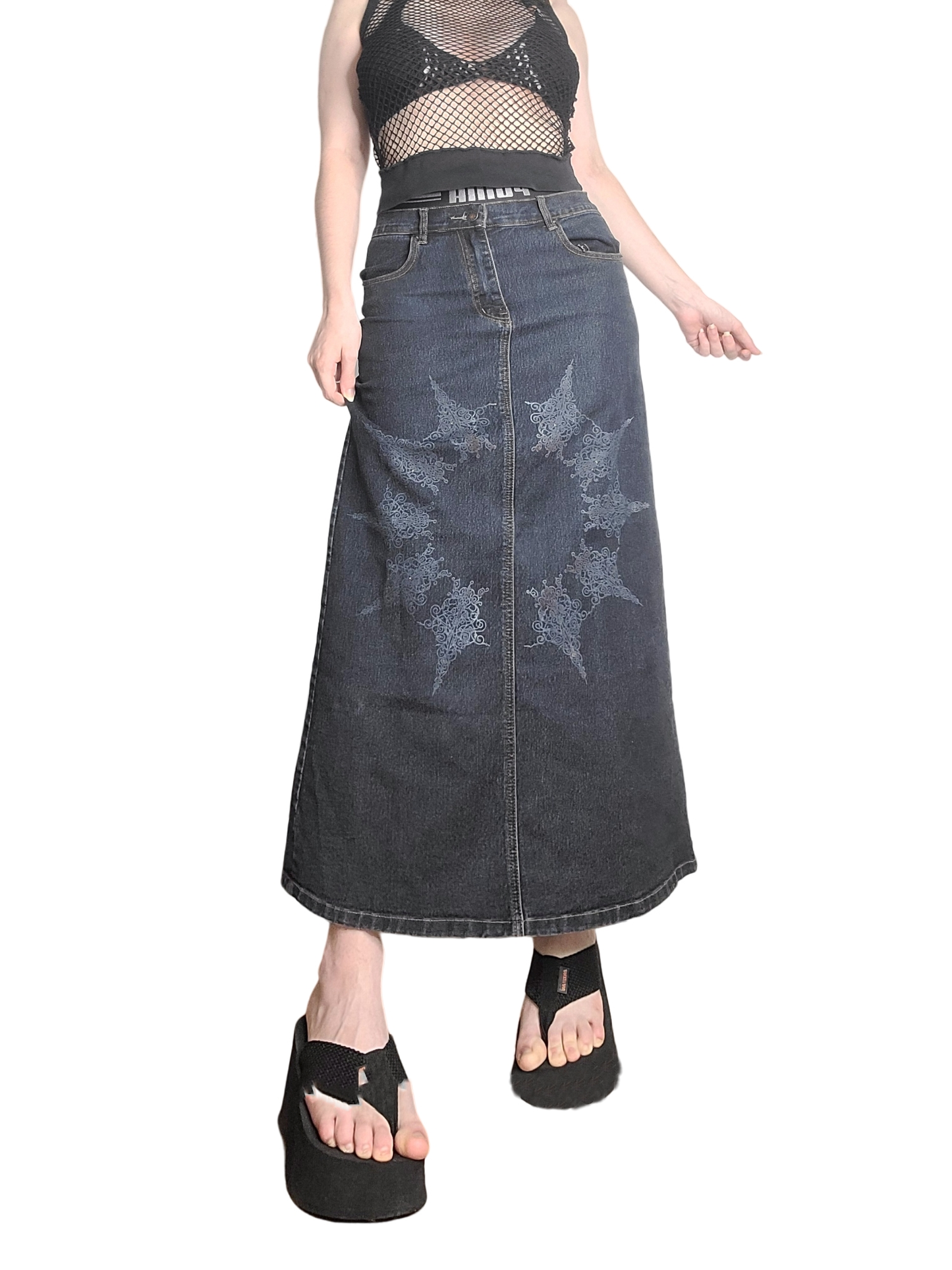 90s bohemian long denim skirt