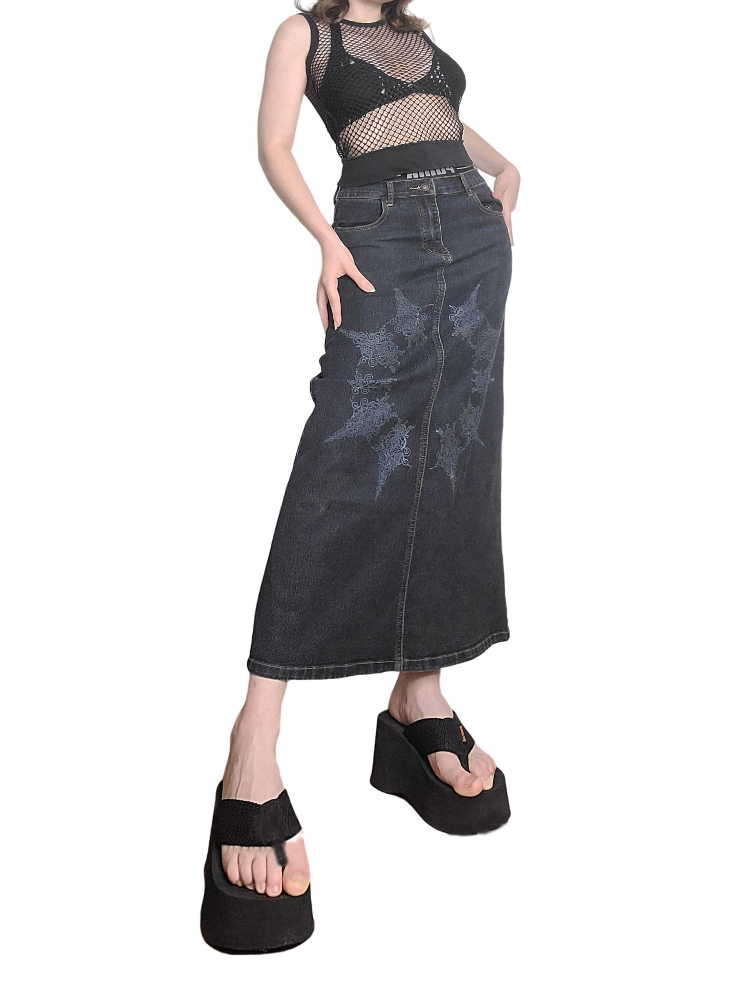 Jupe longue vintage en jean 90s bohem imprime printed maxi skirt