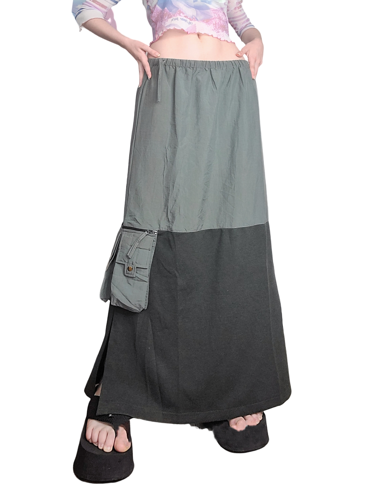 Maxi skirt jupe longue vintage gorpcore kaki bi matiere sportwear multipoches techwear 