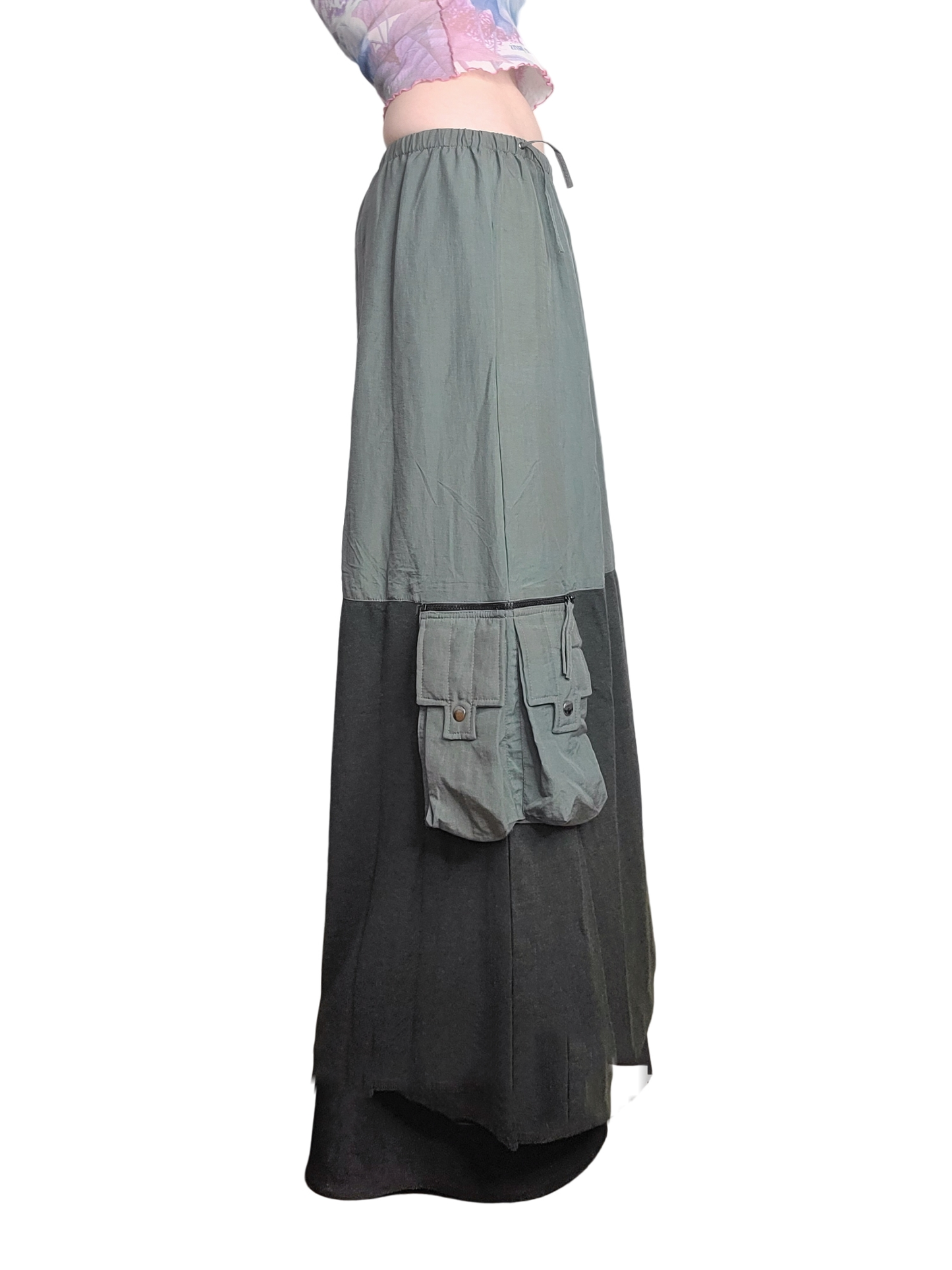 Long khaki gorpcore skirt in two materials